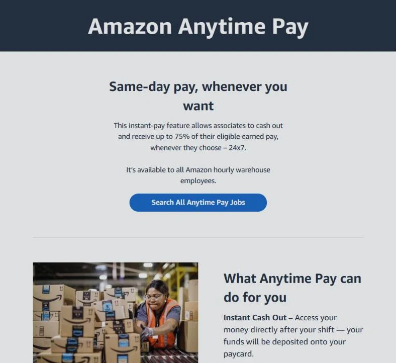 Amazon jobs page describing Anytime Pay: cash out up to 75 percent of eligible earned pay, 24x7, for all hourly warehouse employees