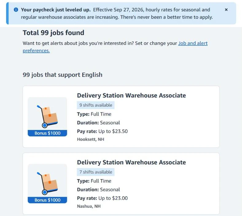 Amazon warehouse job listings showing the September 27, 2026 pay increase banner and pay rates up to 23.50 dollars an hour with a 1000 dollar bonus