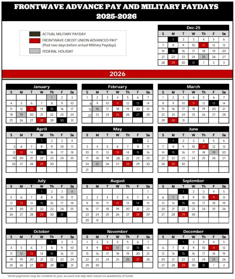 Frontwave Advance Pay and Military Paydays 2025-2026 calendar with actual military paydays in black, Frontwave advance pay in red and federal holidays in gray