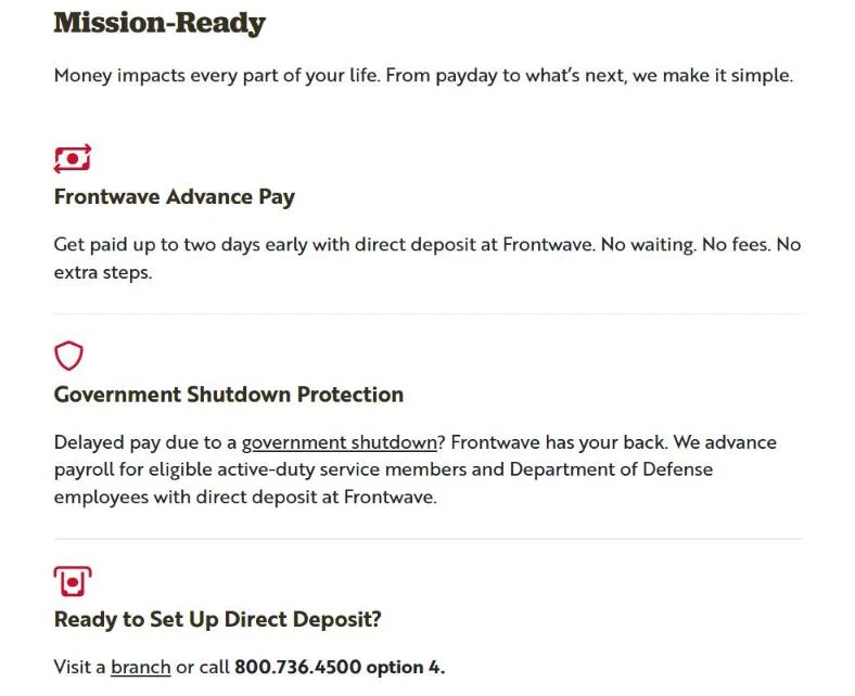 Frontwave military resources page describing Frontwave Advance Pay, Government Shutdown Protection and direct deposit setup at 800.736.4500 option 4