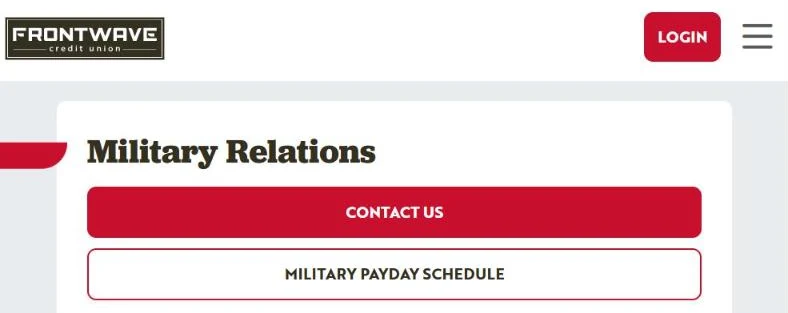 Frontwave Military Relations page with Contact Us and Military Payday Schedule buttons