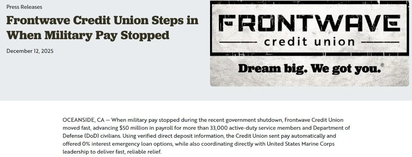 Frontwave press release from December 12, 2025 saying it advanced 50 million dollars in payroll to more than 33,000 service members and DoD civilians
