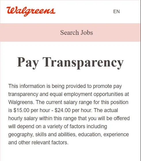 Walgreens Pay Transparency page showing a $15 to $24 per hour range